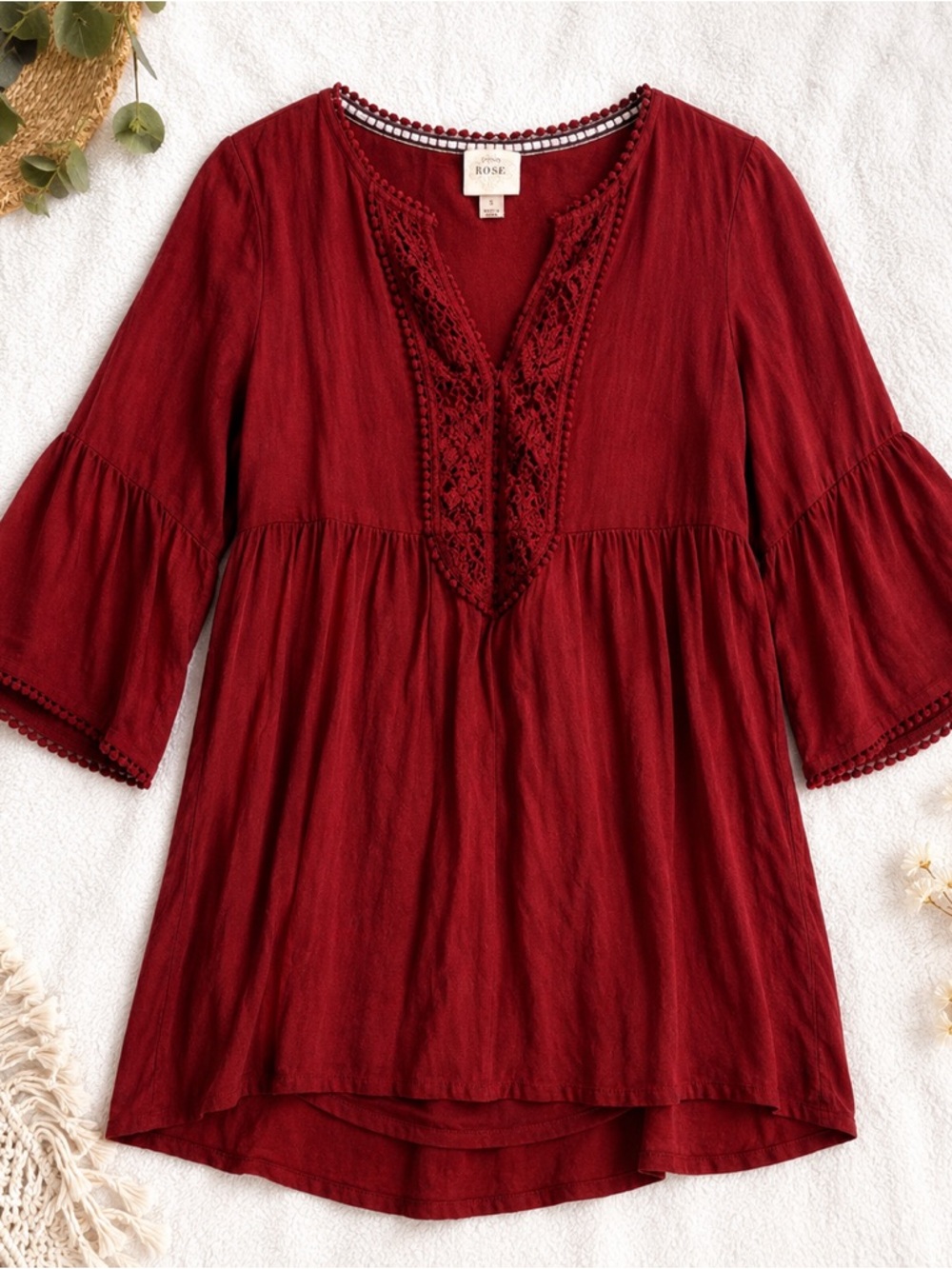 Red Lace-Trim Peasant Top